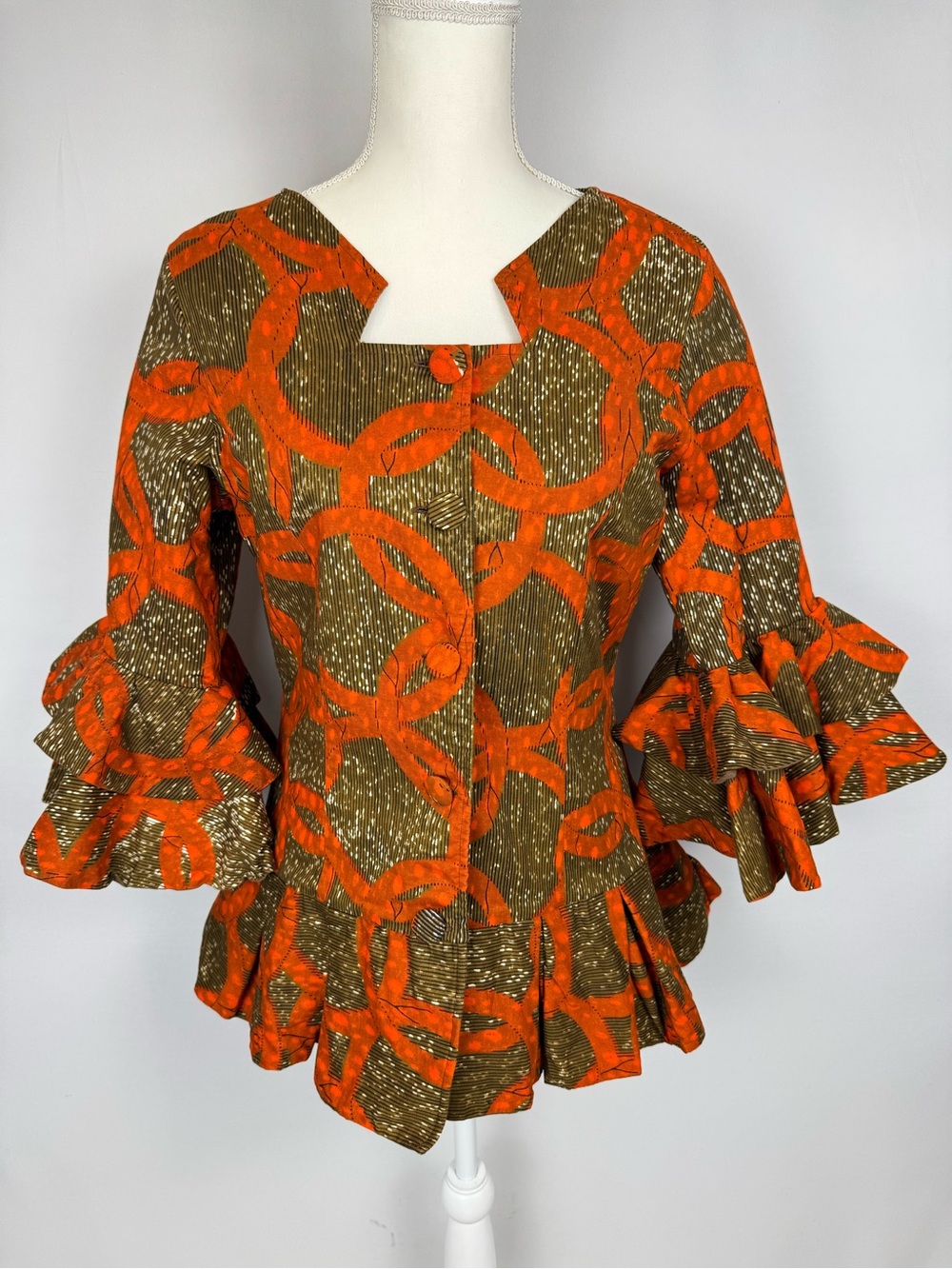 African Experience Ankara Print Peplum Blouse Ruffle Tiered Sleeves Cotton